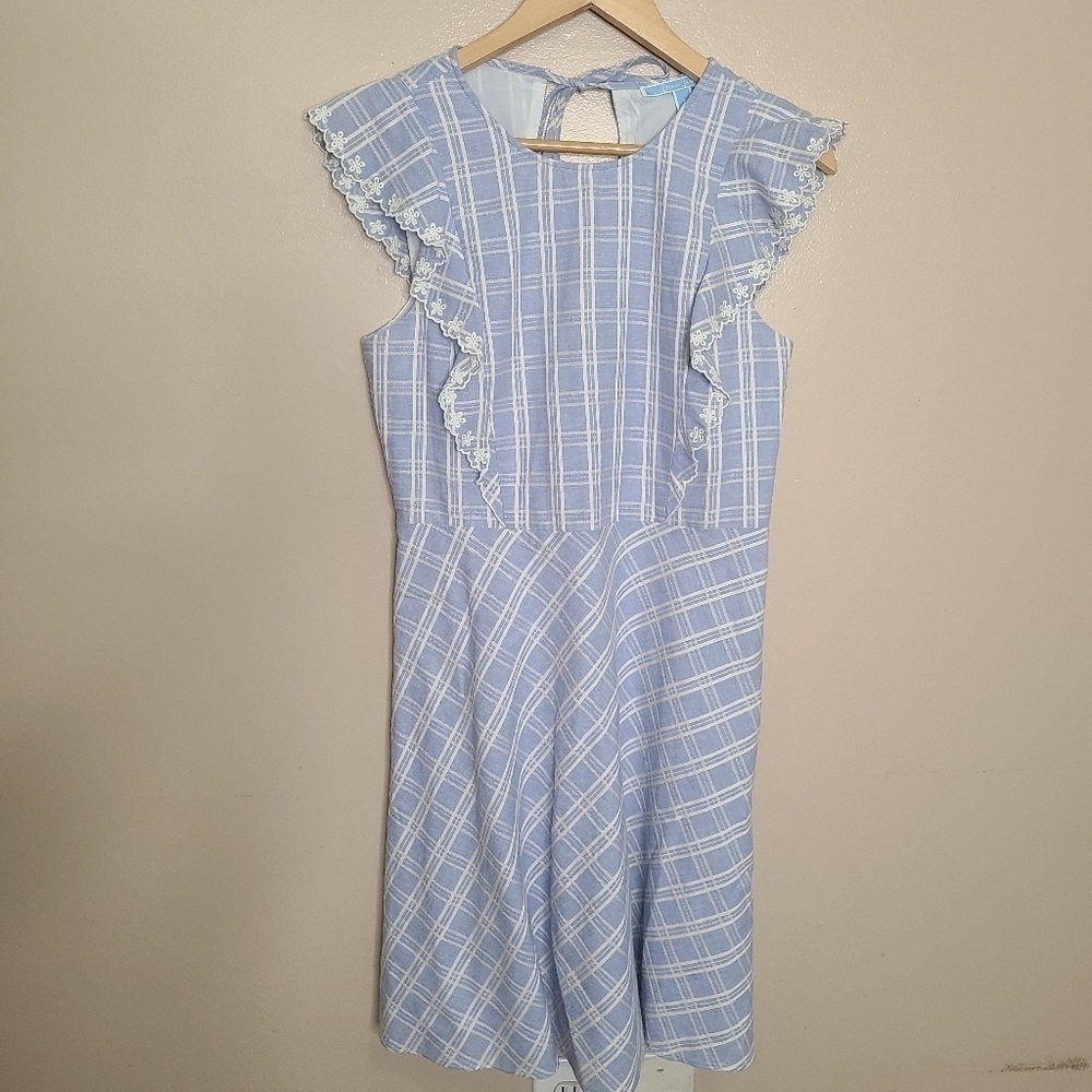 Draper James Blue White Windowpane Plaid Linen Dress - Picture 2 of 9